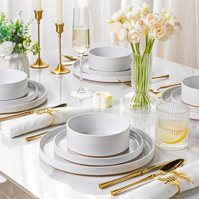 AmorArc Ceramic Dinner Plates Set of 6, 10.25 Inch Stoneware Plates for Kitchen,Modern Flat Dinnerware Dishes Set,Microwave& Dishwasher Safe, Scratch Resistant-White