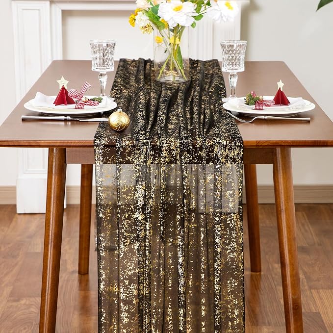 SiinvdaBZX Black Gold Sheer Tulle Table Runner 120 Inch/10 Ft Long | Gauze - Image 3