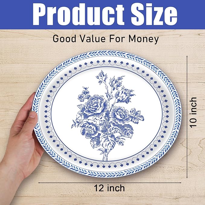 50Pcs Blue Floral Oval Plates 10"x 12", Large Disposable Paper Plates, Heavy Duty Flower Plate Tableware for Family Gathering, Dinner Time, Birthday, Wedding, Holiday Party Supplies