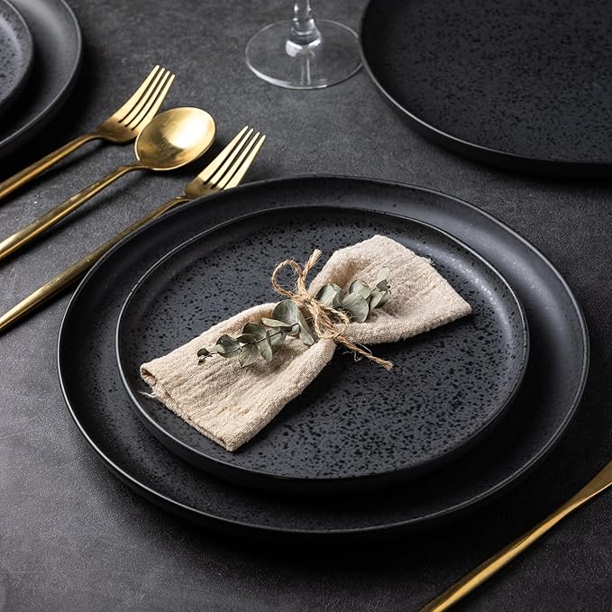 AmorArc Ceramic Dinner Plates Set of 6, Wavy Rim 10.25 Inch Stoneware Dish Set, Dinnerware Plates for Kitchen-Microwave&Dishwasher Safe, Scratch Resistant-Reactive Glaze Matte Speckled Black