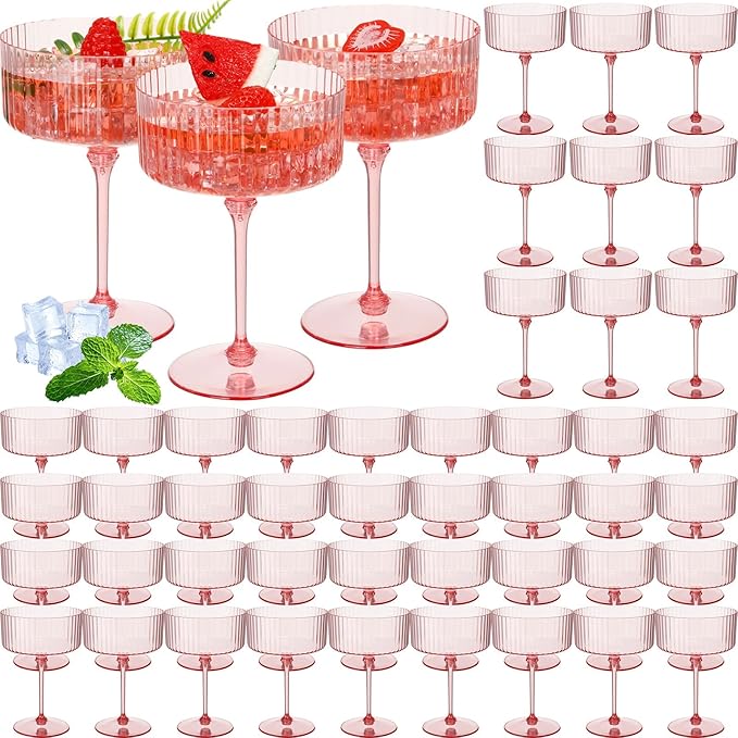 48 Pcs Ribbed Martini Glasses 10 oz Disposable Plastic Vintage Ribbed Coupe Glasses Unbreakable Dessert Parfait Glassware for Wedding Birthday Party Supplies (Pink)
