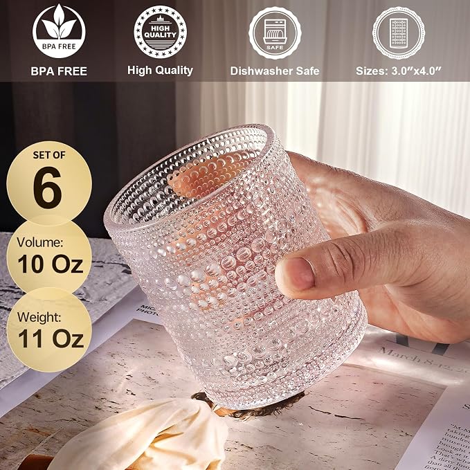 OPAYLY hobnail Drinking Glasses Old Fashion Glass 10oZ rocks glasses Set of 6 - Image 2