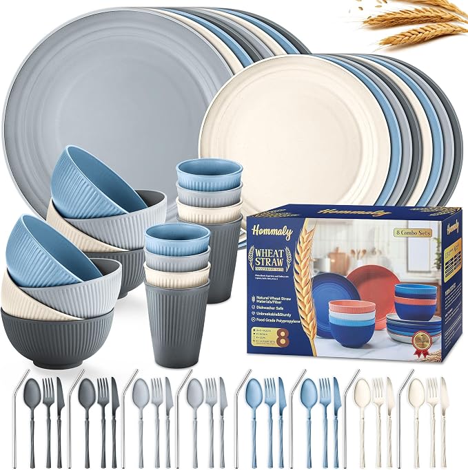 Wheat Straw Dinnerware Sets, 64-Piece Plates and Bowls Sets by HOMMALY
