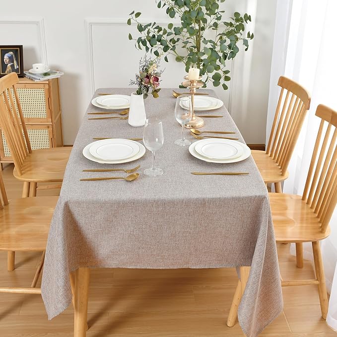 JIUZHEN Faux Linen Farmhouse Tablecloth Rectangular, Wrinkle Stain Resistant Table Cloth Rectangle Table Cover for Kitchen Dining, Holiday Party Dinner, Stone, 60 x 140 Inch