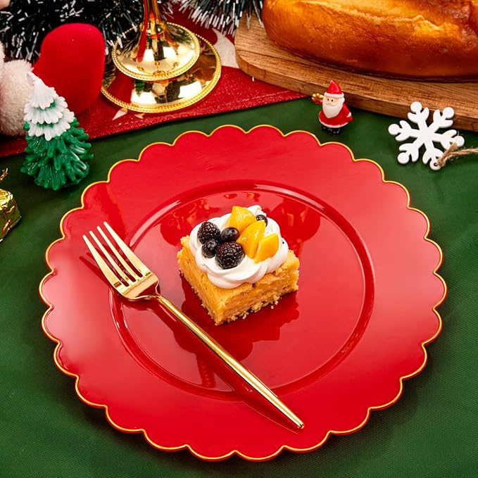 SUT 72 Pcs Red Plates Disposable, Red Plastic Plates With Gold Trim, 10.25 Inch red Dinner Plates, Fancy Plastic plates, plates Disposable Heavy Duty for Wedding, Parties