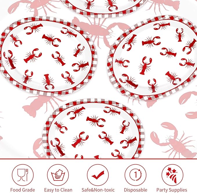 Grencian 50Pcs Crawfish Boil Oval Paper Plates 10" X 12" Disposable Red Grid Pattern Crawfish Party Plates Crawfish Tableware for Lobster BBQ Gathering Picnic Cookout Carnival Birthday Decorations