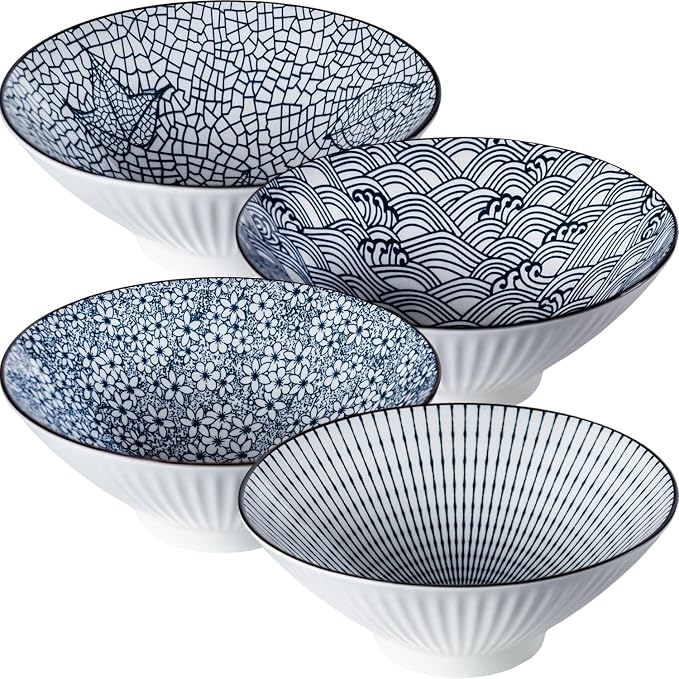 38 oz Japanese Ramen Bowls Set of 4, Large Pho Bowls, 8 Inch Ceramic Blue and by Unknown