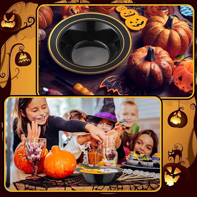 Jinei 150 Pieces 6 oz Plastic Bowls with Rim Small Disposable Soup Bowls for Dessert Salad Soup Candy Wedding Thanksgiving Catering Holidays Party Supplies (Black,Gold Rim)