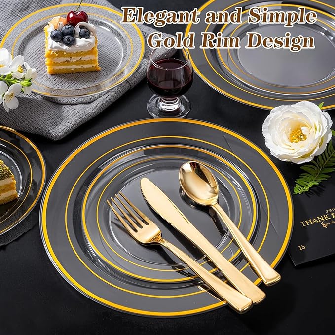 I00000 100PCS Clear Gold Plastic Plates, Clear Dinner Plates with Gold Rim 10 Inch, Fancy Disposable Wedding Premium Plastic Plate for Wedding & Party