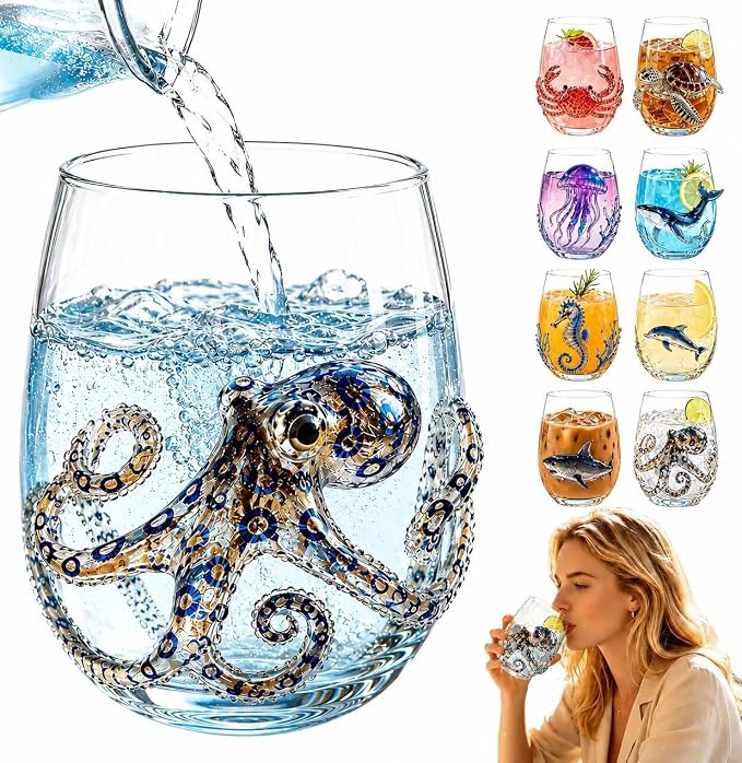 Blue Gold Octopus Artisanal Glassware, 3D Ocean Animal Tumbler | Handcrafted by Unknown