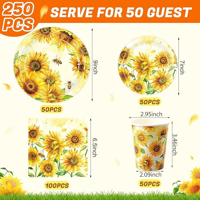 Pickmesh 250 Pcs Sunflower Birthday Disposable Tableware Set Floral Themed Disposable Paper Plates Napkins and Cups for Birthday Wedding Bridal Shower Baby Shower Tea Party Supplies