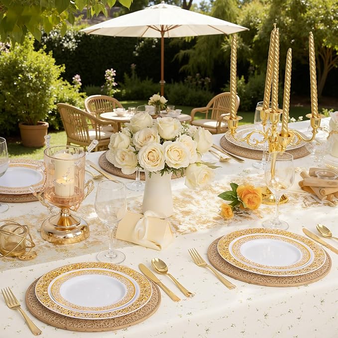 WDF 100pcs Gold Dessert Plates 7.5" with 100 Pieces Disposable Forks 7.4", Lace Design Fancy Appetizer Small Salad and Cake Plates for Thanksgiving Party/Weeding