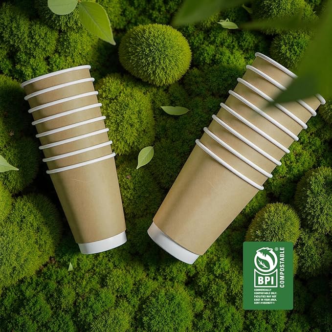 Disposable Coffee Cups 12 oz Paper Cups,50 Pack Compostable Cups Double Wall Hot Cups, BPI Certified PLA Coated Disposable Cups, Kraft Paper Coffee Cups for Everyday To-go Office Coffee Bar Supplies