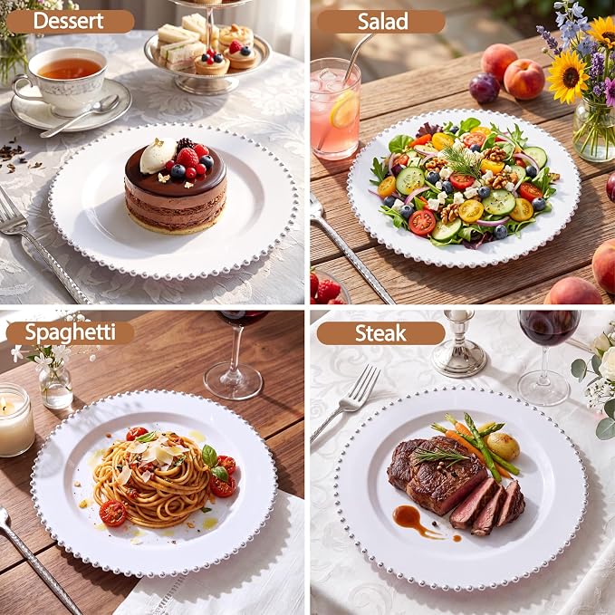 100Pcs White Plastic Dinner Plates Beaded Silver Plastic Plate Set | Heavy Duty - Image 7