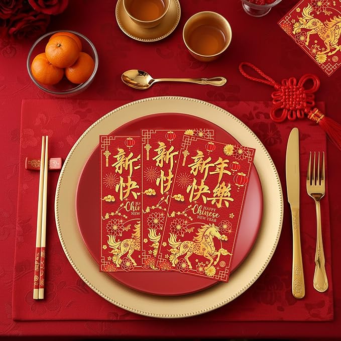 Chinese New Year Decorations - 100 Pcs Lunar Happy 2026 The Year of Horse Party Paper Napkins Set Disposable, Red Lanterns Golden Decorative Dinner Cocktail Bulk Table Guest Supplies Decor