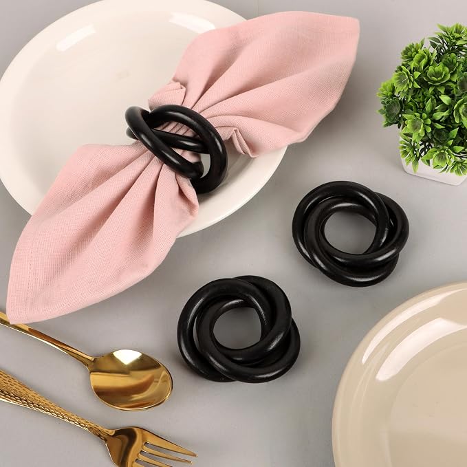 Triple-Ring Wood Napkin Rings, matte black finish, interlocked cuff style - Image 2
