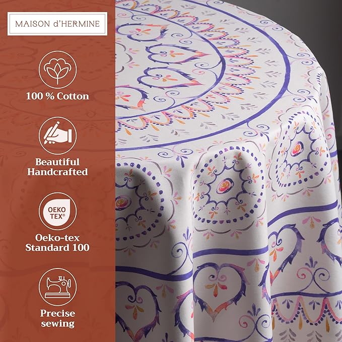 Maison d' Hermine Table Cloth Round Table 100% Cotton 69 Round Inches Tablecloth Reusable Decorative for Dining Room Farmhouse Home Valentines Day Decorations Spring Summer - Mandala