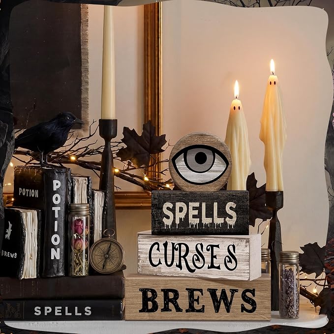 Moucuny 4 Pcs Halloween Table Decor Witchy Wooden Stacked Block Decor, "Spells - Image 3