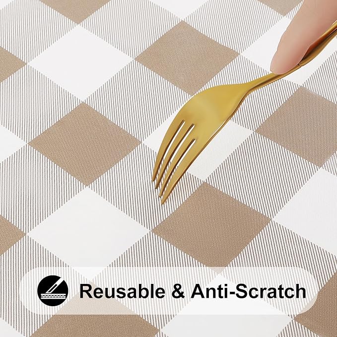 Smiry Rectangle Picnic Table Cloth, Elastic Waterproof Fitted Vinyl Tablecloths, Flannel Backed Buffalo Plaid Table Covers for Dining, Camping, Outdoor (White and Khaki, 30" x 48")