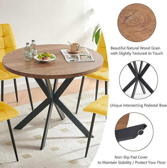 5 Pieces Dining Table Set for 4, 37" Round Kitchen Table Set, Thick MDF Tabletop with 4 Yellow Velvet Dining Chair, Mordern Dining Room Set for Coffee, Living Room