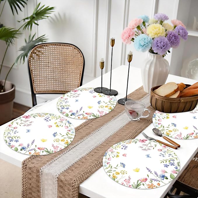 50PCS Floral Disposable Paper Placemats Watercolor Butterfly & Floral Disposable Round Table Mats for Spring Weddings, Brunch & Garden Parties