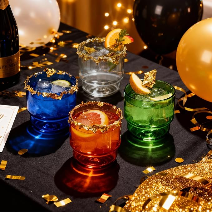 Retro Colored Double Old-Fashioned Glasses Set 10oz Stackable Drinking Glasses for Cocktails Mixology Espresso Cups Party Hosting Modern Barware Gift Dishwasher Safe
