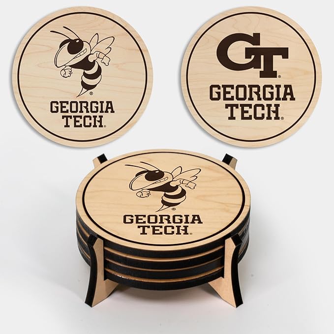 LazerEdge Georgia Tech Yellow Jackets Wooden Coaster Set - Maple Wood - Officially Licensed Product - 4-Pack