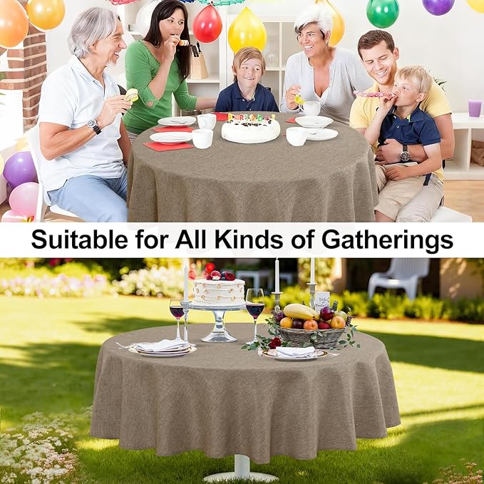 JIUZHEN Faux Linen Round Tablecloths 54 inch, Decorative Wrinkle Free Texture Rustic Circle Table Cloth Cover for Kitchen, Dining, Party, Wedding, Outdoor Use (54 Inch Round,Khaki)