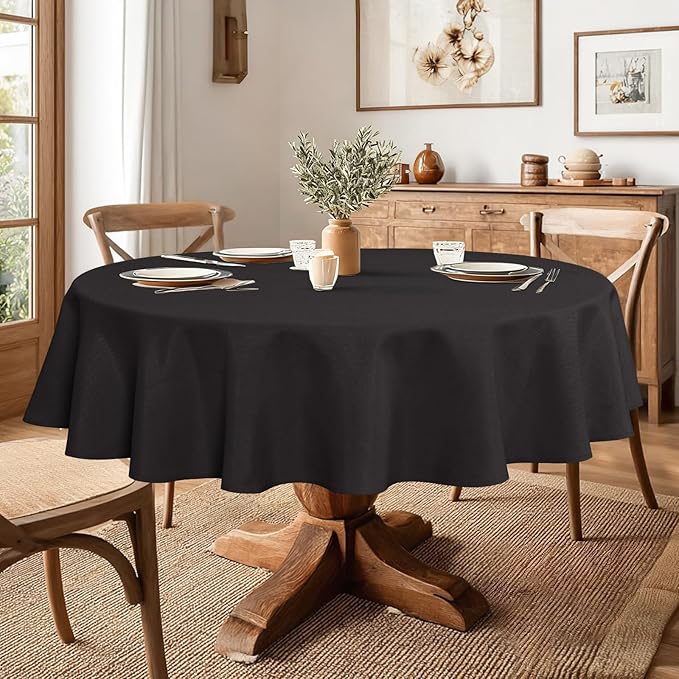JIUZHEN Round Tablecloth Linen Textured Wrinkle Stain Resistant Farmhouse Table Cloth Decorative Fabric for Kitchen, Dining, Party, Wedding,Outdoor Use,50 Inch Round,Black