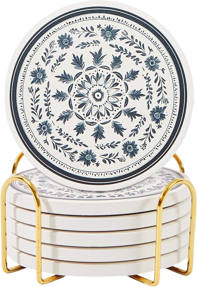 Ceramic Absorbent Mandala Coasters Set of 6 with Holder, Marble Drink Coasters for Coffee Table, Water-Absorbing Stone Coasters (Zen)
