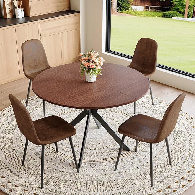Round Dining Table Set for 4｜42"-54" Extendable Dining Room Table Set｜Wooden Kitchen Table with 4 Chairs｜Mid Century Modern Dinner Table Set with Cross Legs｜Easy Assembly｜Space Saving