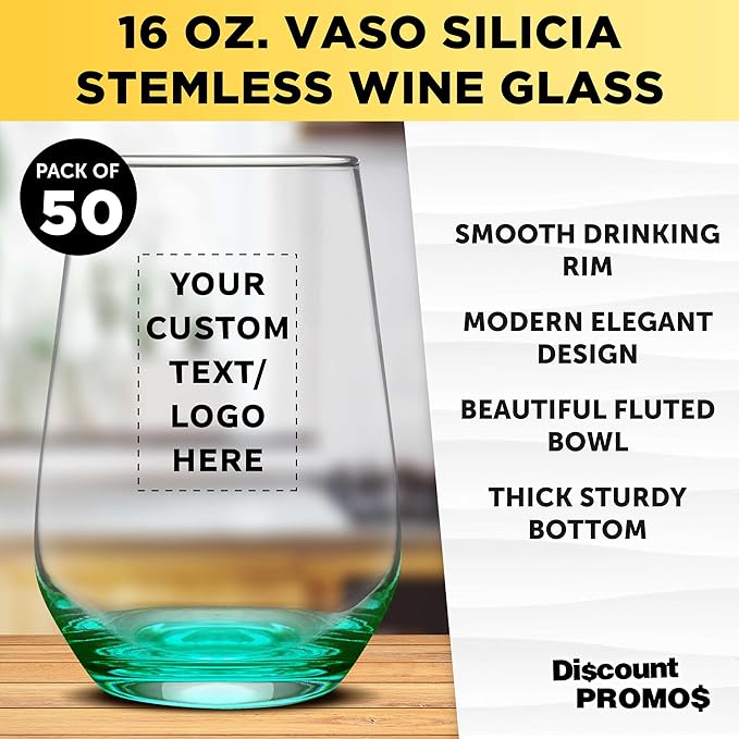 DISCOUNT PROMOS 50 Vaso Silicia Stemless Wine Glasses Set, 16 oz. - Personalized Text, Logo - Clear, Orb-Like, Thick base - Green