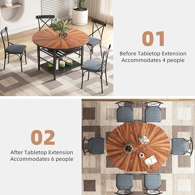 VFK 47.2"-63" Extendable Round Dining Table Set for 4–6, Solid Wood & Metal Table with Wine Rack Storage Shelf, Walnut Kitchen Furniture with 6 Upholstered Chairs (Storage Table and 6 Black Chairs)