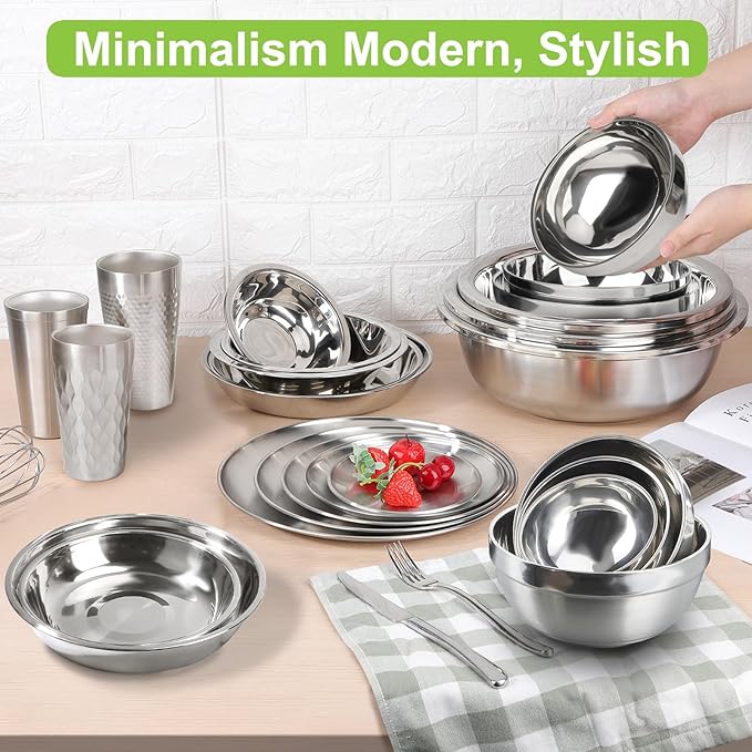 Stainless Steel Bowls Bulk, 20 Pack 5.9in 20.6oz 610ml Medium SUS304 Double Wall Insulated Stackable Metal Cereal Eating Bowl Containers for Restaurant Serving Dishes Salad Ice Cream Soup Rice