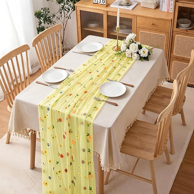 BINBE 6pcs Daisy Spring Table Runner Embroidery Gauze 10FT Florals Seasonal - Image 4