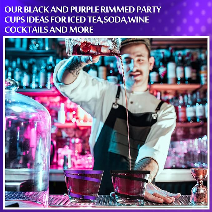 Gejoy 9 oz Rimmed Swirl Plastic Cups Disposable Wine Drinking Cups Clear Elegant Halloween Tumblers for Christmas Party Supplies(Purple, Black,100 Pcs)
