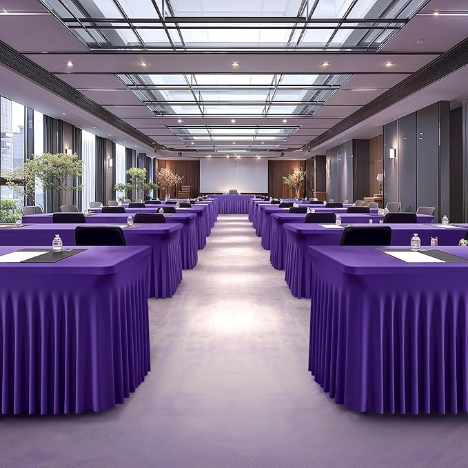 Wish Care 6 Pack Dark Purple Spandex Table Clothes for 8 Foot Rectangle Tables, 8FT Wrinkle Free Fitted Tablecloths Ruffles Design Table Cover for Party, Banquet, Wedding and Events
