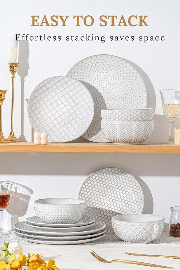 FOBENTA 18-Piece Embossed Ceramic Dinnerware Set–6 Dinner Plates, 6 Salad Plates - Image 5
