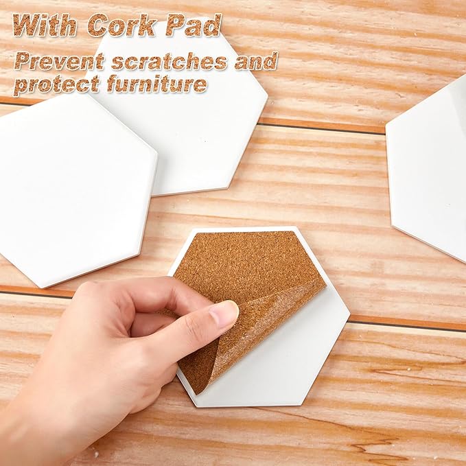 Zopeal 48 Pcs Ceramic Tiles for Crafts Coasters Include Unglazed White Ceramic Tiles with Cork Backing Pads Use with Alcohol Ink Acrylic Pouring for DIY Project Gift (Hexagon)