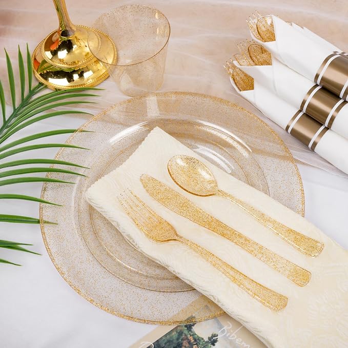 WELLIFE 210Pcs Gold Glitter Dinnerware Set, Include: 30Dinner Plates, 30Dessert - Image 5