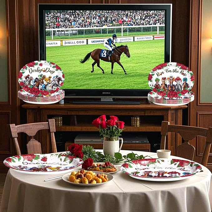 Grencian 50PCS Derby Oval Paper Plates 10" X 12" Disposable Heavy Duty Derby Horse Racing Plates Run for The Roses Dinnerware for Horse Race Day Boys Girl Birthday Party Decorations