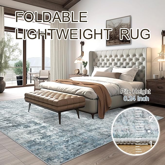 7x9 Area Rug for Living Room Washable Abstract Vintage Soft Thin Indoor Floor Non-Slip Carpet for Bedroom Dining Room Blue Grey