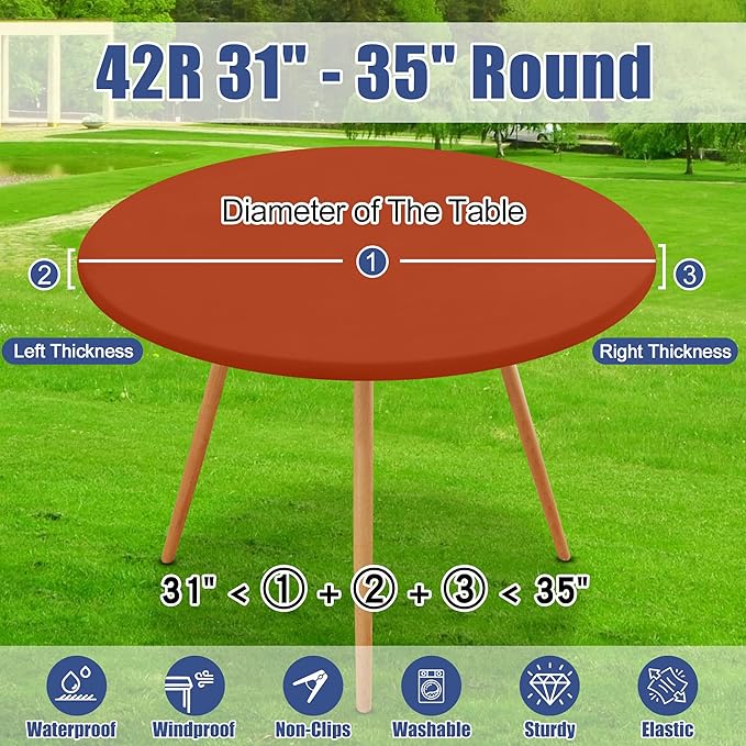 Round Spandex Tablecloth, Elastic Fitted Waterproof Tablecloths for 31"-35" Tables, Stretch Washable Picnic Table Cover for Camping, Dining, Indoor and Outdoor, Rust