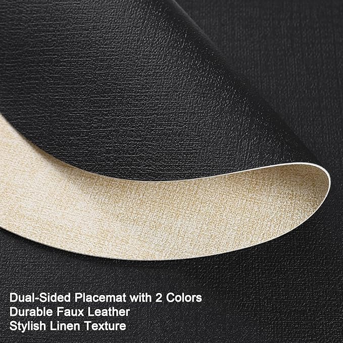 Myir JUN Round Placemats, Dual Sided Faux Leather Place Mats Set of 6 Indoor/Outdoor Non-Slip Washable Table Mats (Cream-White Black, Set of 6)
