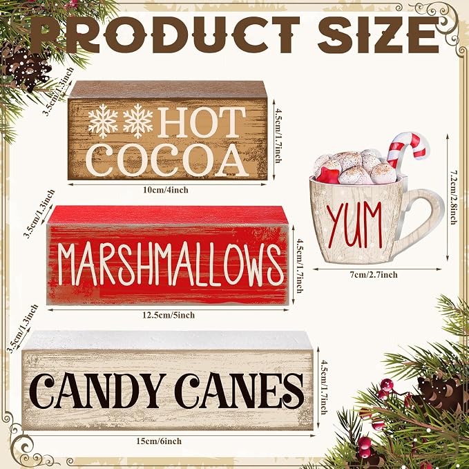 Moucuny 4 Pcs Wooden Christmas Tabletop Decor Hot Cocoa Tiered Tray Decor - Image 3