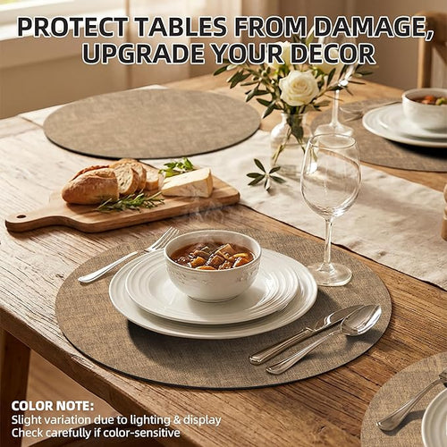 15 inch Faux Leather Round Placemats Set of 6 Non-Slip Washable Wipeable Table Mats, Heat Resistant Waterproof Oilproof Brown Place Mats for Kitchen, Dining, Party, Indoor, Outdoor