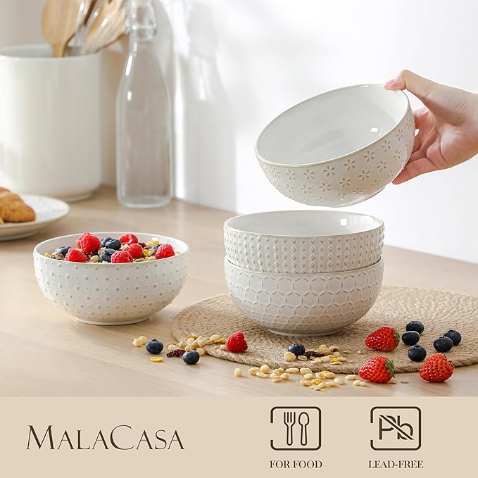MALACASA Cereal Bowls, 30 Ounce Ceramic Soup Bowl for Kitchen, Stoneware Bowls Set of 4 with Embossment for Pho, Chip, Fruits, Salad, Noodle, Ramen - 6 Inch, Arctic White Series LYDIA