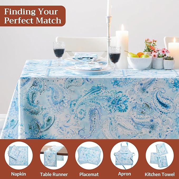 Maison d' Hermine Premium Table Cloth Rectangle Table 100% Combed Cotton 140 x 70 Inches Tablecloth Reusable Decorative for Dining Room, Farmhouse, Home, Party, Festive & Wedding - Paisley Blues