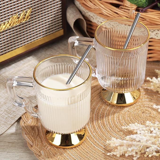 Joeyan Glass Coffee Mugs with Handle, Vintage Ribbed Clear Coffee Cups - Image 2