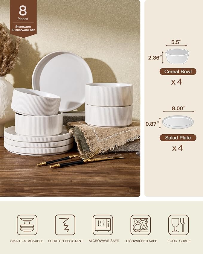 Ceramic Dinnerware Set for 4, 8-Piece Deep Salad Plates and Cereal Bowls | - Image 2